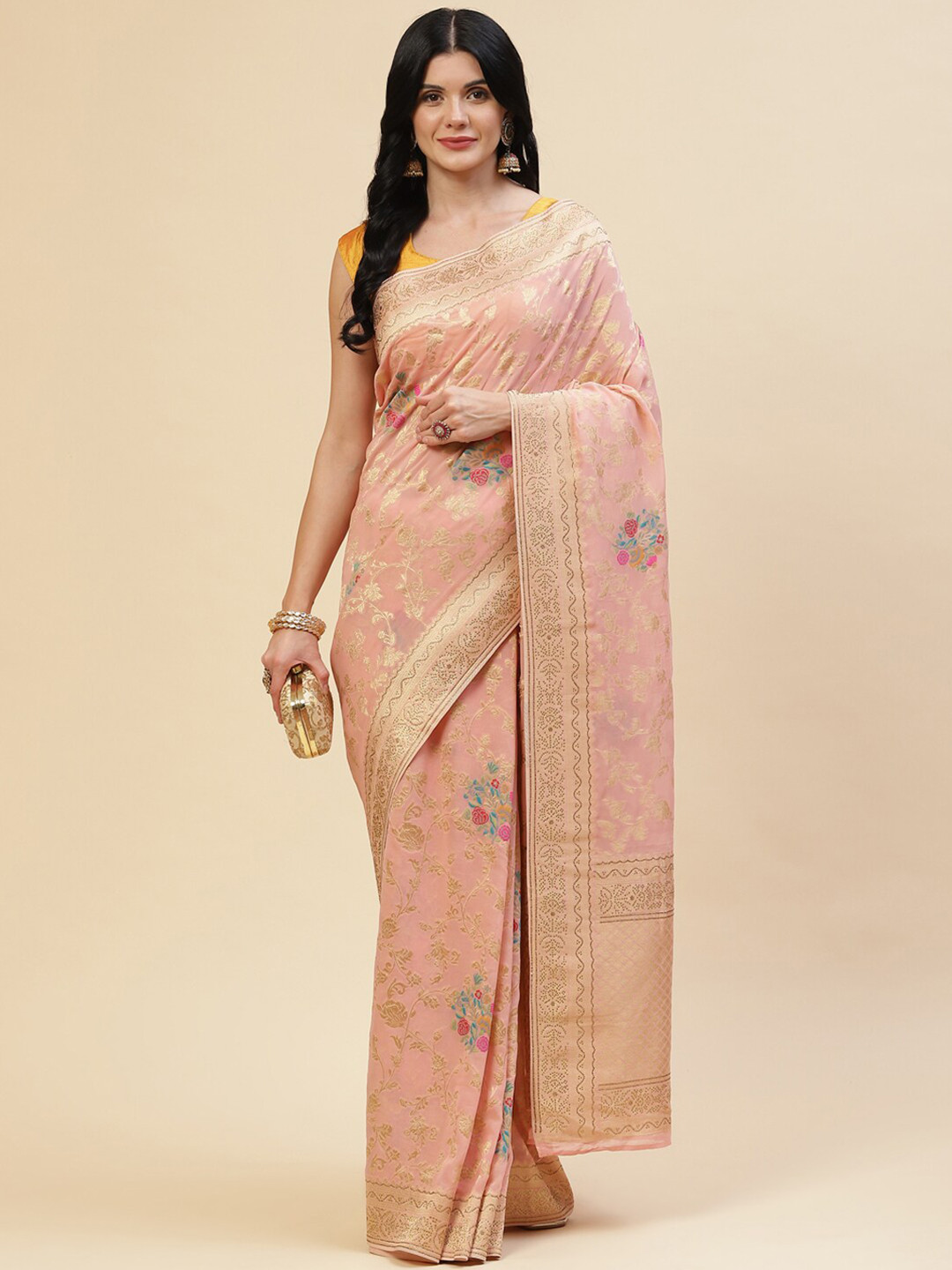 

Meena Bazaar Women Peach-Coloured & Gold-Toned Floral Zari Saree