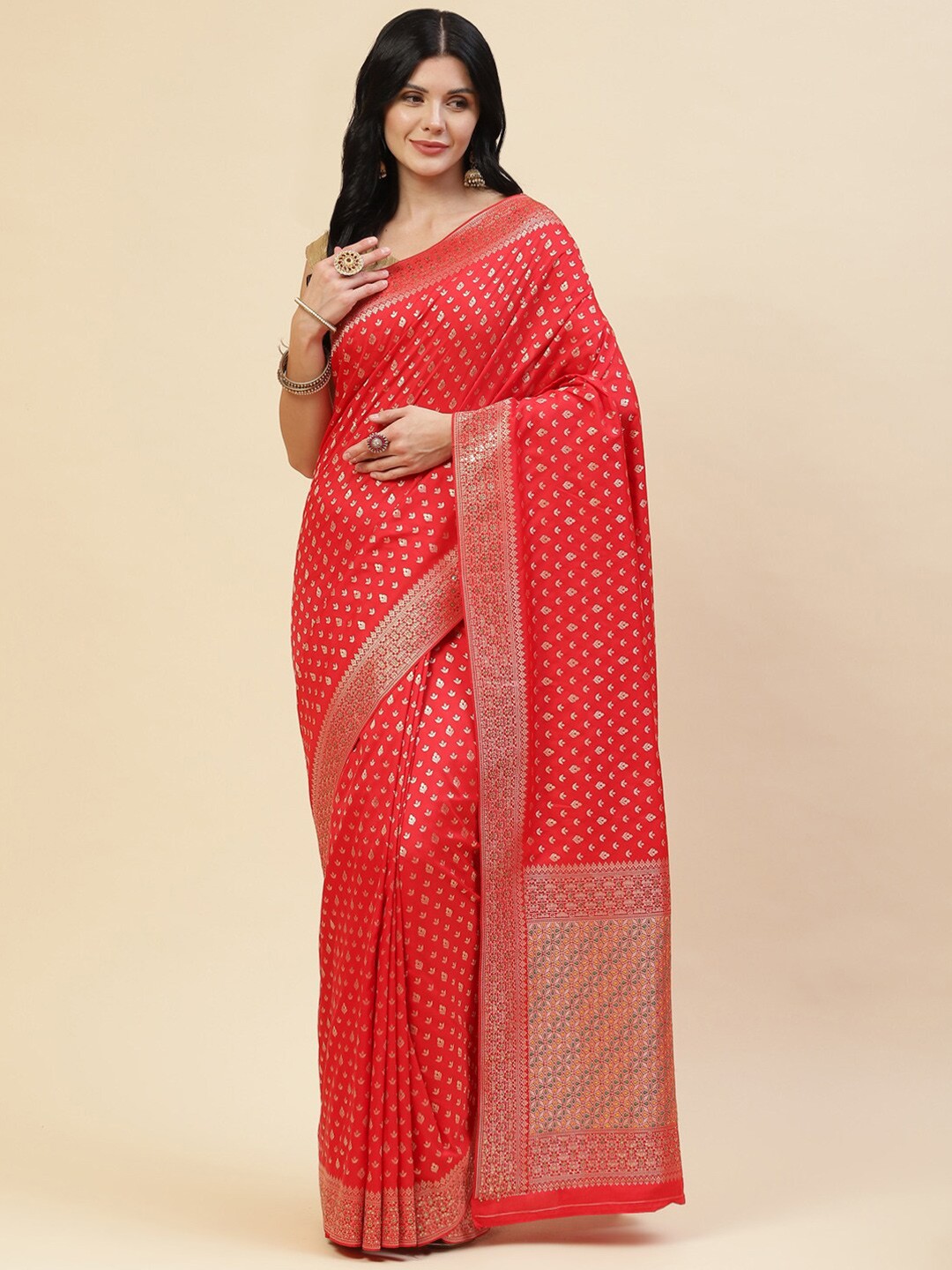 

Meena Bazaar Women Red & Gold-Toned Woven Design Zari Silk Blend Saree