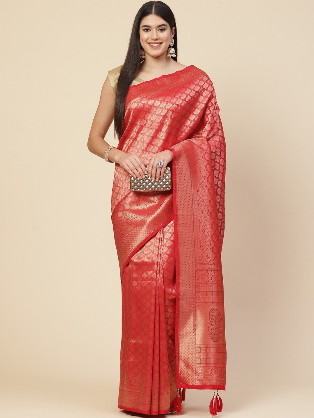 

Meena Bazaar Women Red & Gold-Toned Woven Design Zari Silk Blend Saree