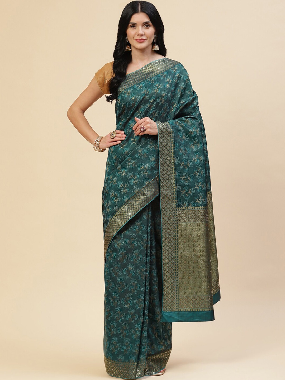 

Meena Bazaar Women Green & Gold-Toned Floral Zari Silk Blend Saree