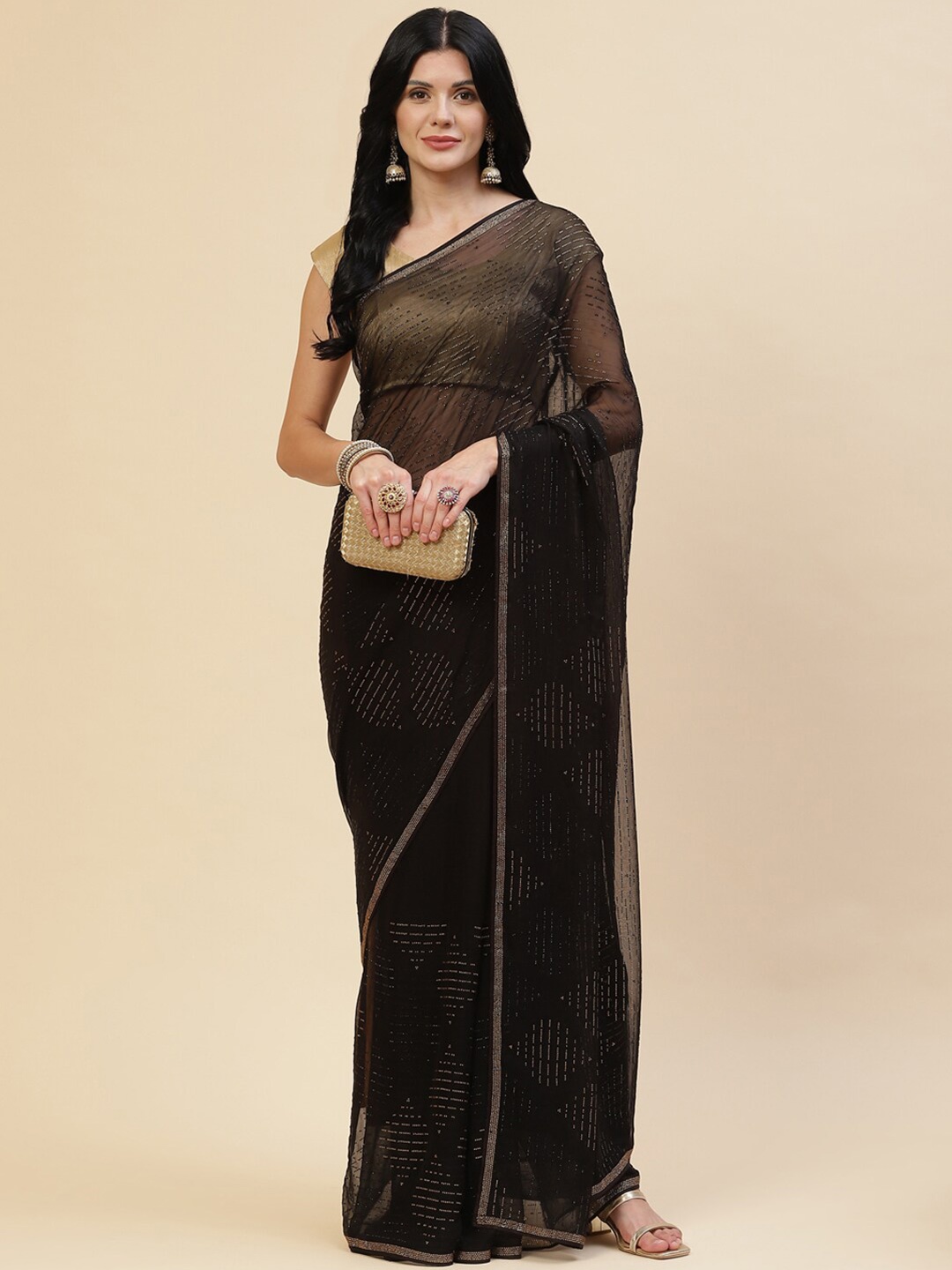 

Meena Bazaar Women Black & Gold-Toned Embellished Sequinned Saree