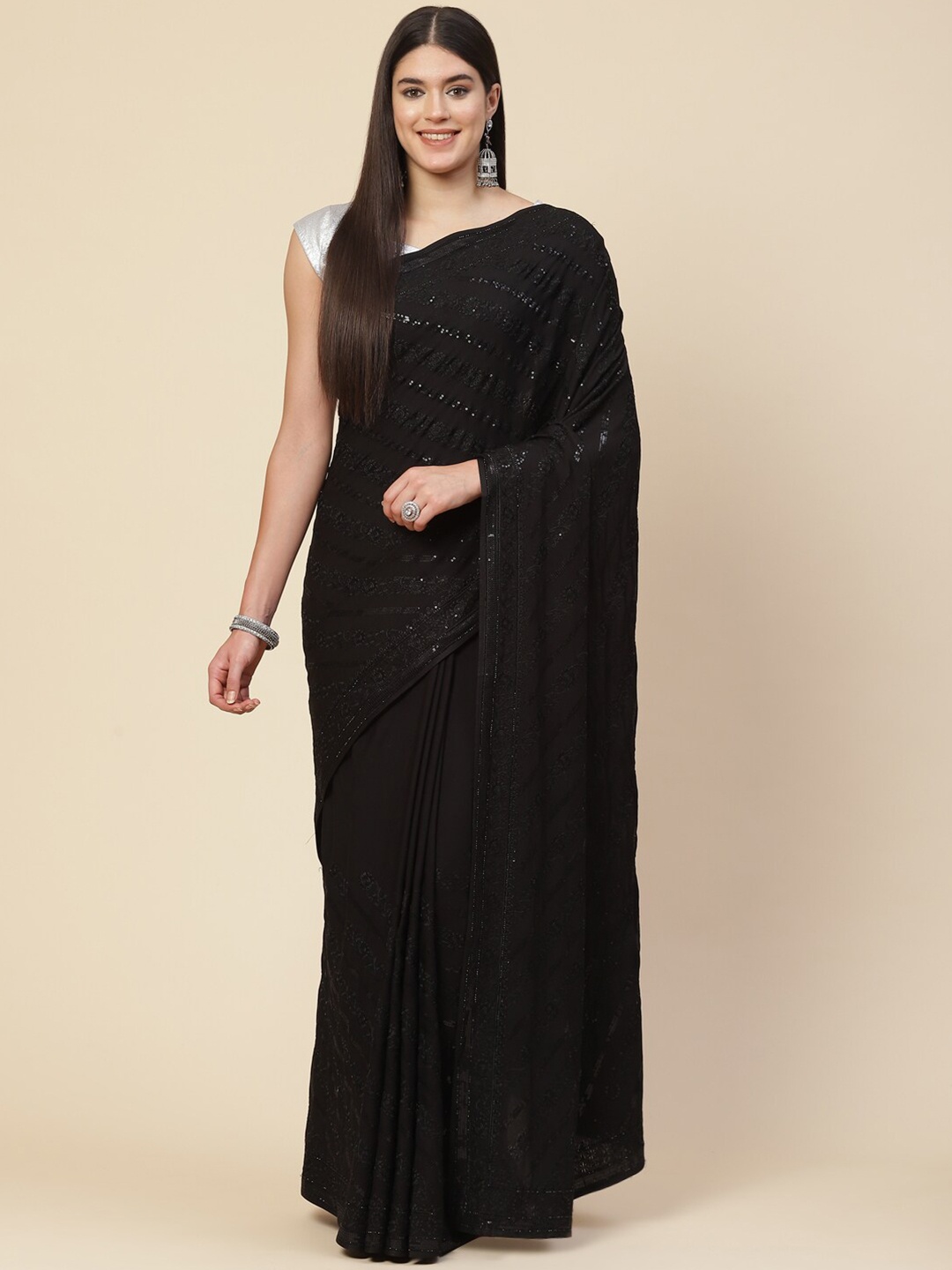 

Meena Bazaar Women Black Floral Sequinned Pure Crepe Saree