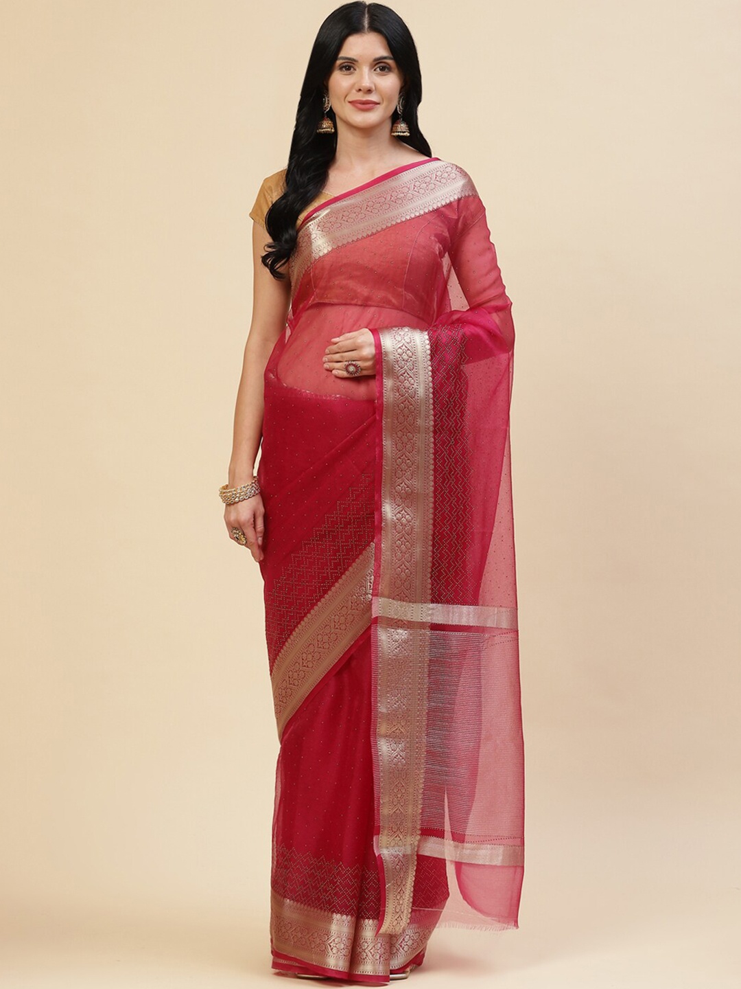 

Meena Bazaar Women Red & Gold-Toned Woven Design Beads and Stones Organza Saree