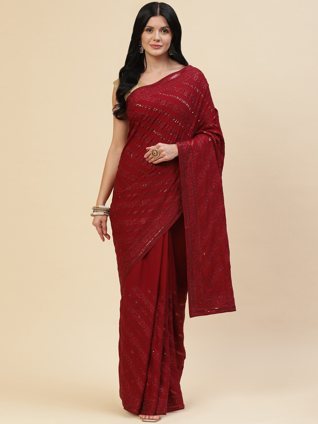 

Meena Bazaar Maroon Floral Embroidered Pure Crepe Saree