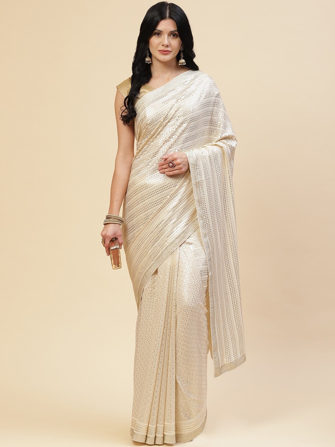 

Meena Bazaar Cream-Coloured & Silver-Toned Embellished Sequinned Saree