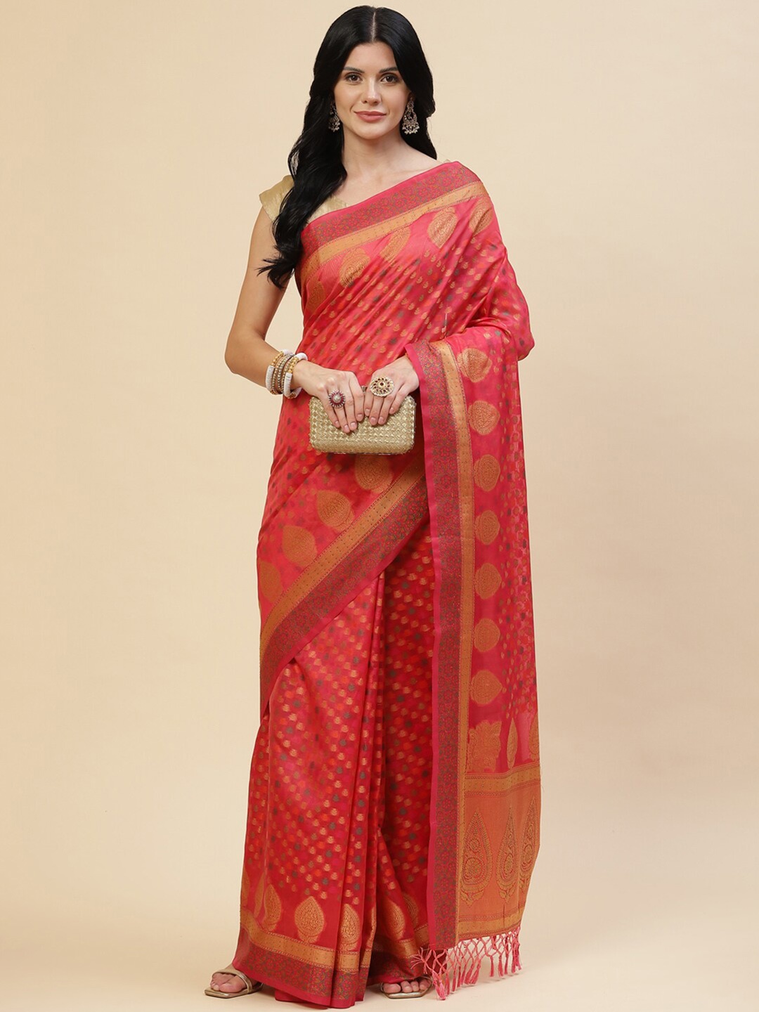 

Meena Bazaar Pink & Gold-Toned Ethnic Motifs Zari Pure Cotton Saree