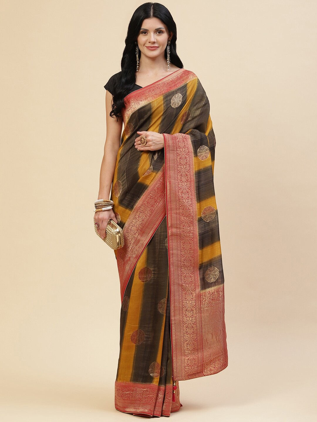 

Meena Bazaar Mustard & Red Ethnic Motifs Zari Silk Blend Saree