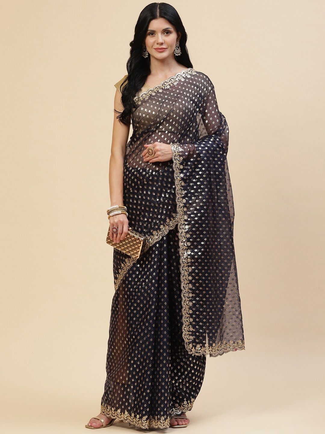 

Meena Bazaar Navy Blue & Gold-Toned Ethnic Motifs Embroidered Organza Saree