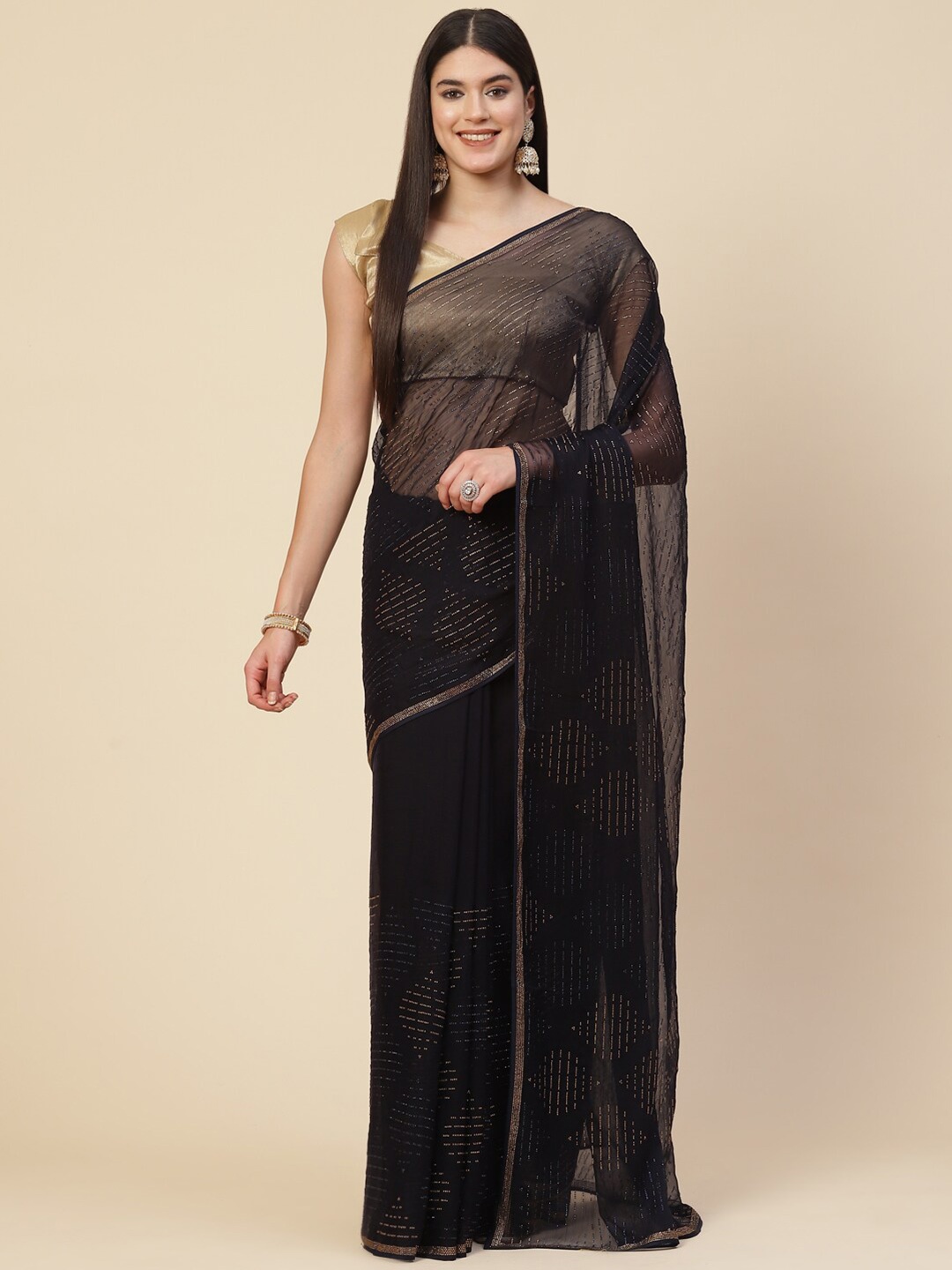 

Meena Bazaar Navy Blue & Gold-Toned Embellished Saree