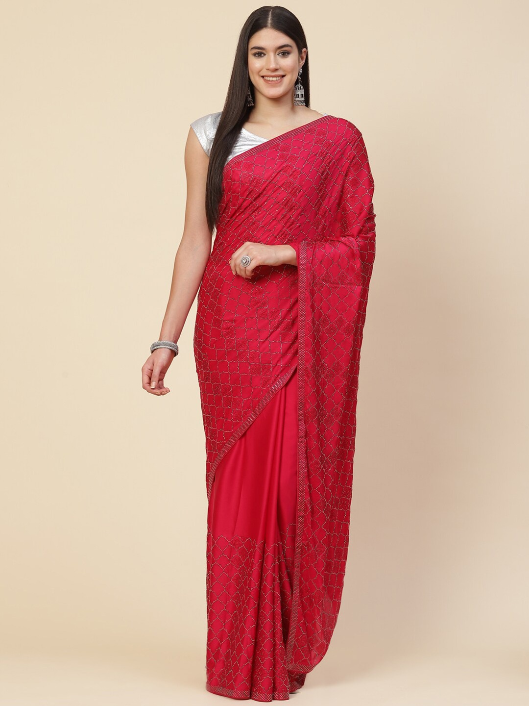 

Meena Bazaar Fuchsia & Gold-Toned Embellished Beads and Stones Satin Saree