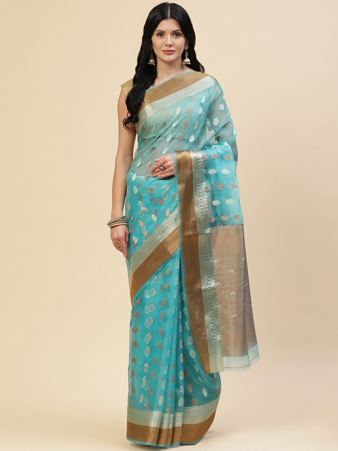

Meena Bazaar Blue & Gold-Toned Woven Design Zari Organza Saree