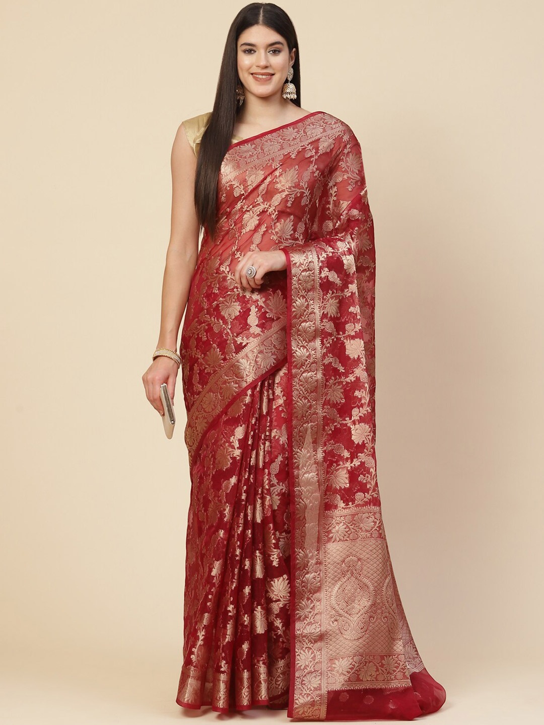 

Meena Bazaar Burgundy & Gold-Toned Floral Zari Organza Saree
