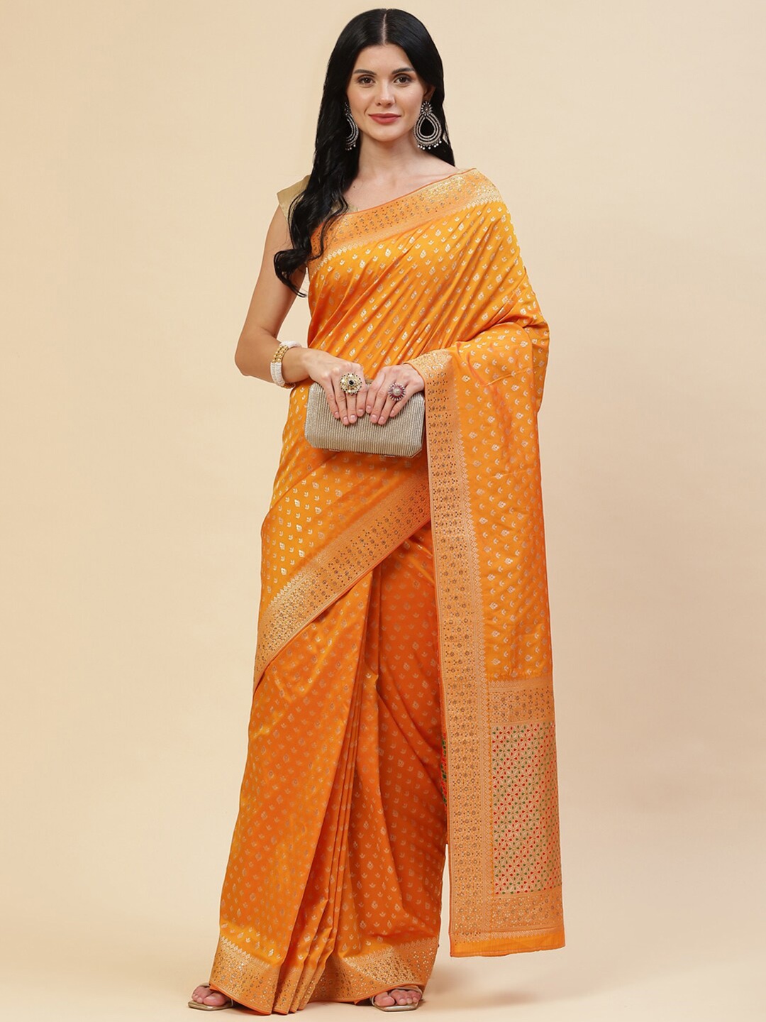 

Meena Bazaar Mustard & Gold-Toned Ethnic Motifs Zari Silk Blend Saree