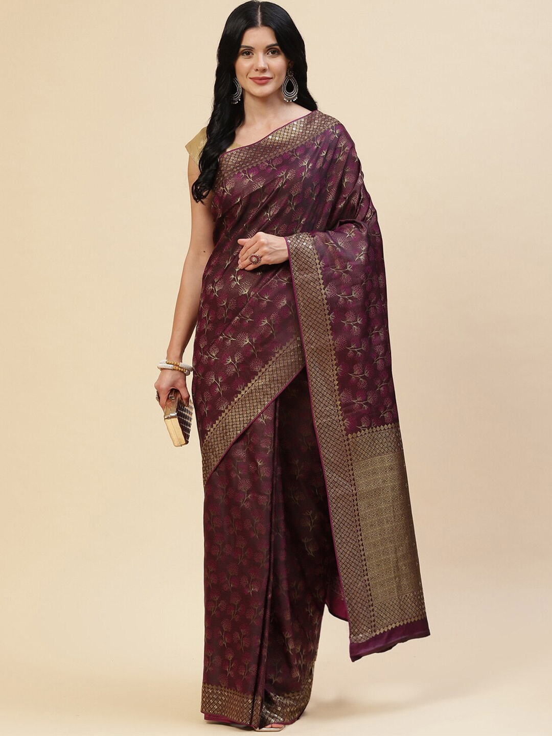 

Meena Bazaar Burgundy & Copper-Toned Floral Zari Silk Blend Saree