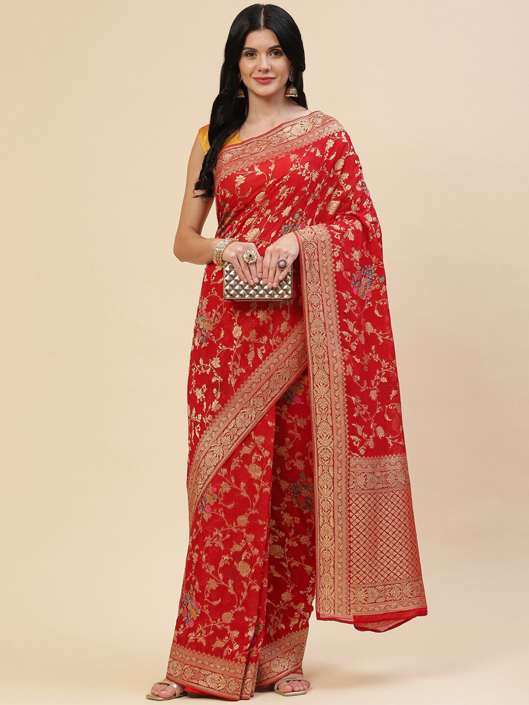 

Meena Bazaar Red & Gold-Toned Floral Zari Saree