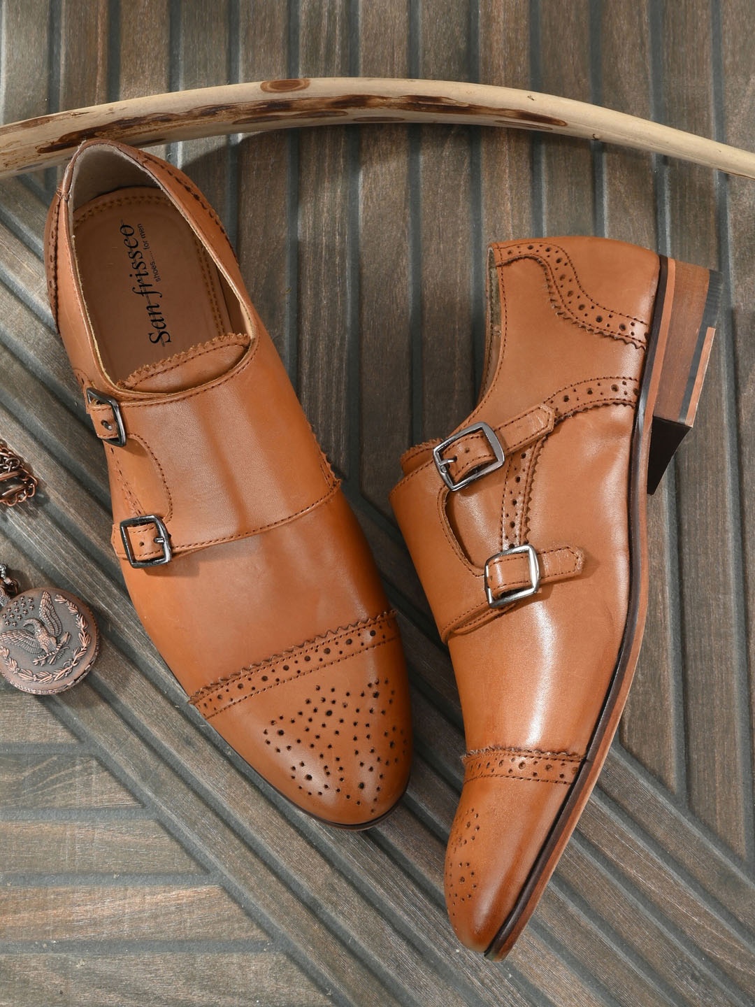

San Frissco Men Tan Brown Textured Formal Monk Shoes