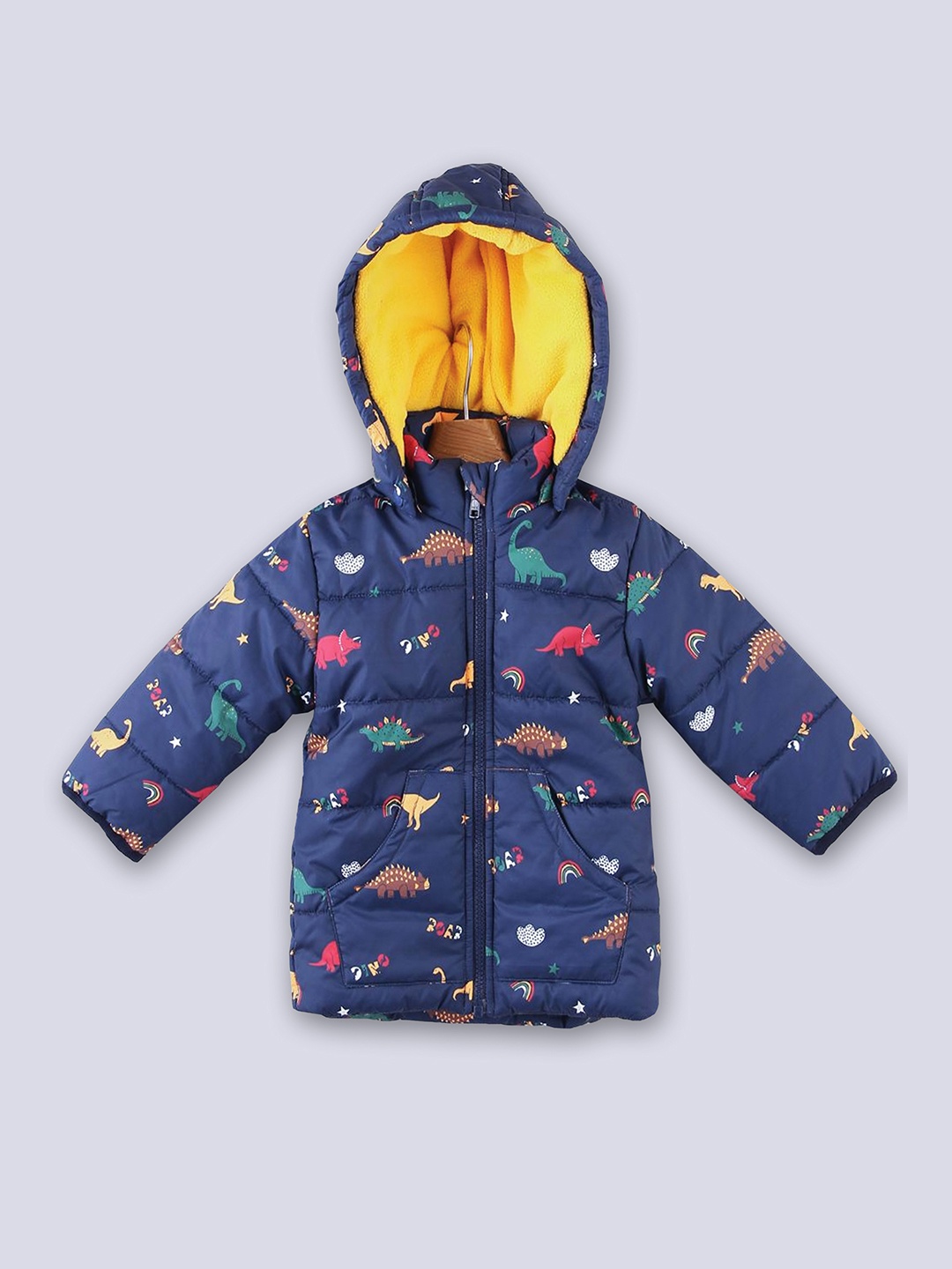 

Beebay Boys Navy Blue & Brown Dino Aop Printed Hooded Puffer Jacket