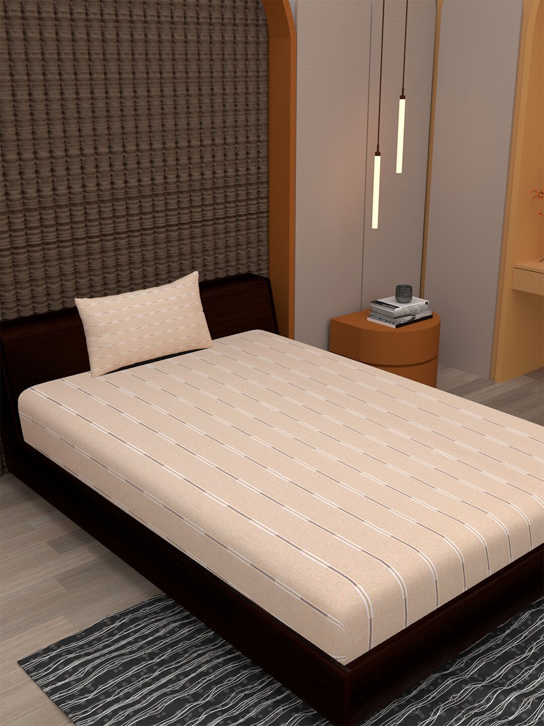 

Soumya Beige Striped Cotton Single Bed Cover With 1 Pillow Covers