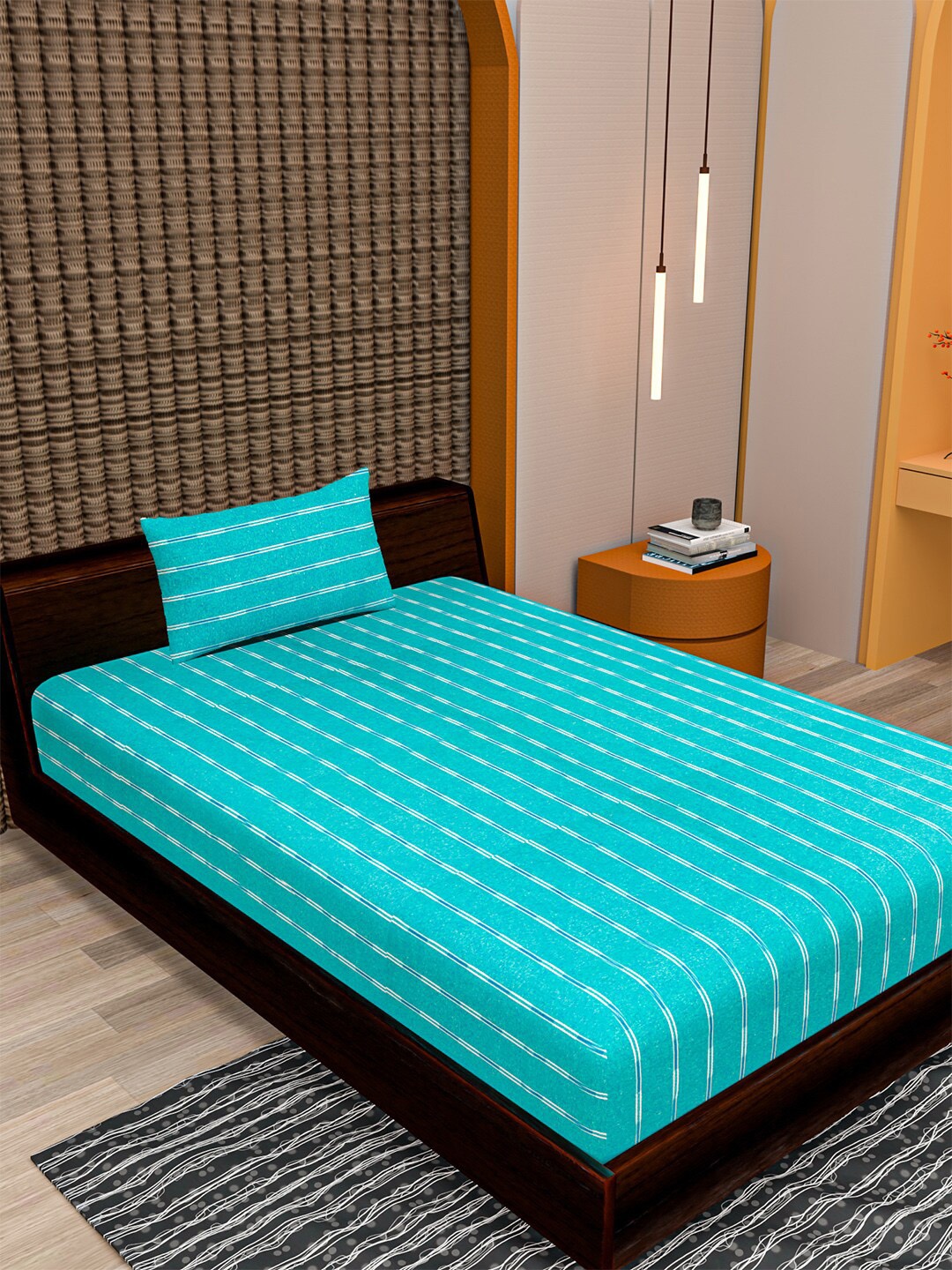 

Soumya Blue Striped Printed Single Cotton Bed Covers With Pillow Covers