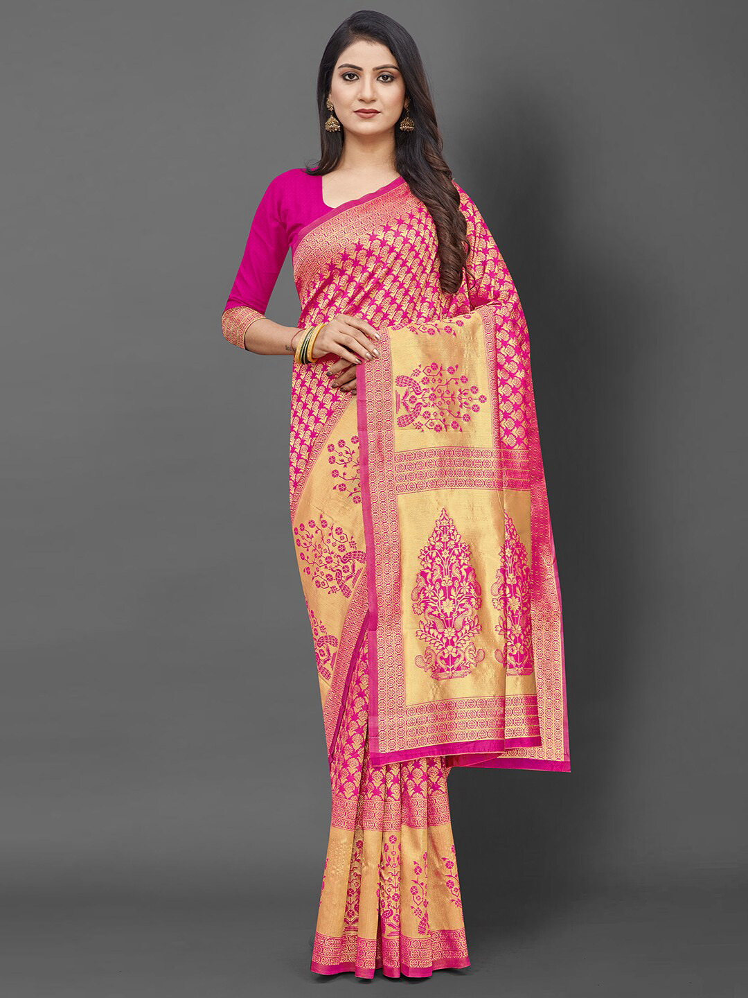 

KALINI Pink & Gold-Toned Woven Design Zari Silk Blend Banarasi Saree