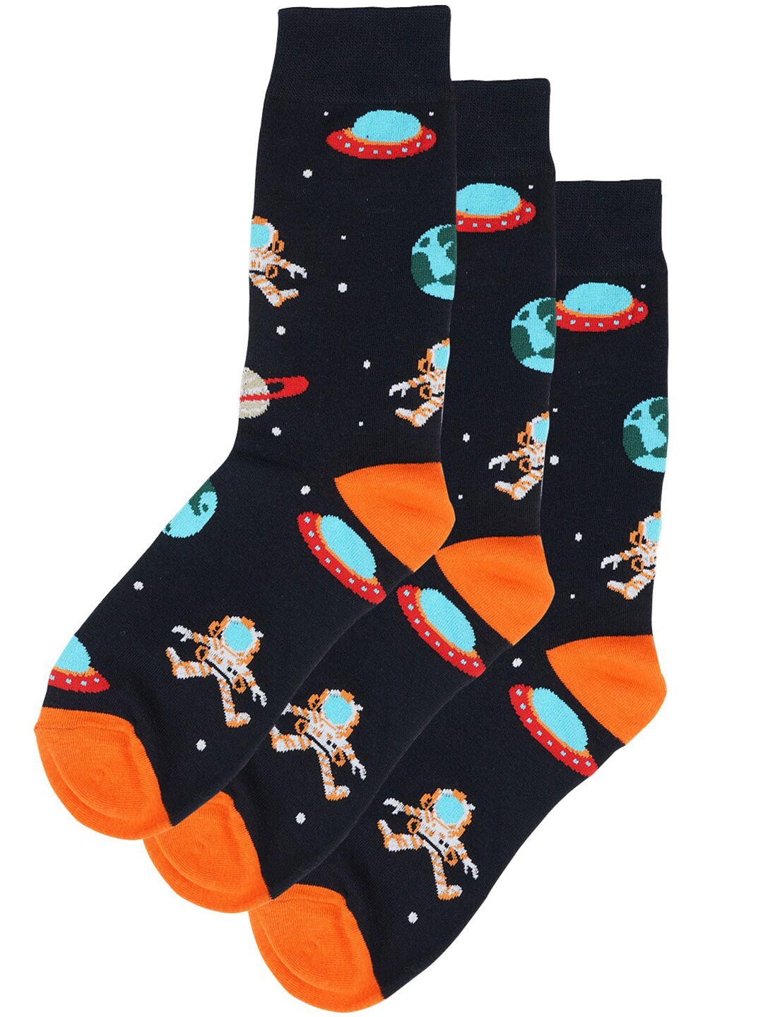 

TOFFCRAFT Men Pack Of 3 Black & Orange Space Patterned Calf-Length Socks