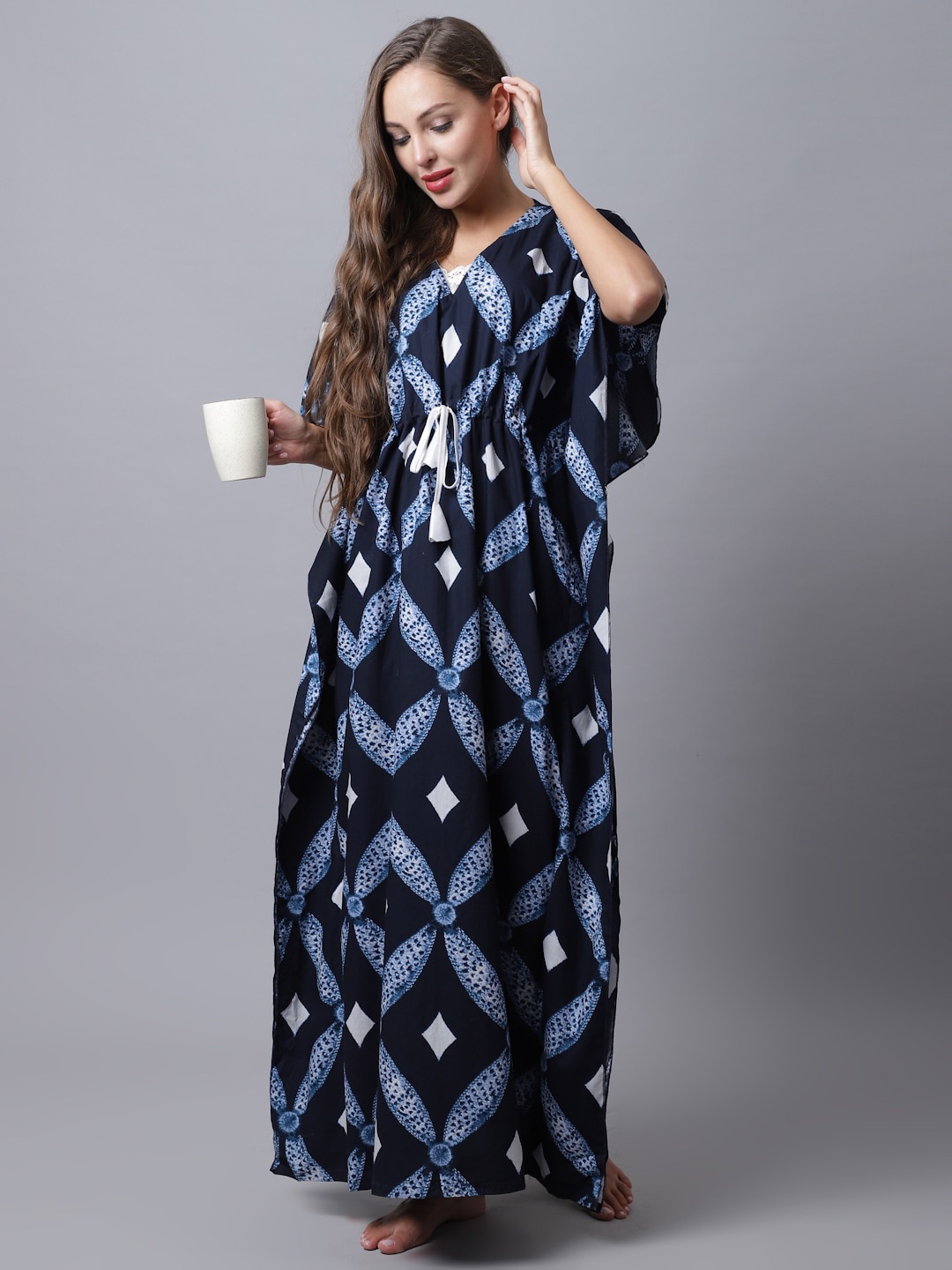 

Claura Printed Kaftan Maxi Nightdress, Navy blue