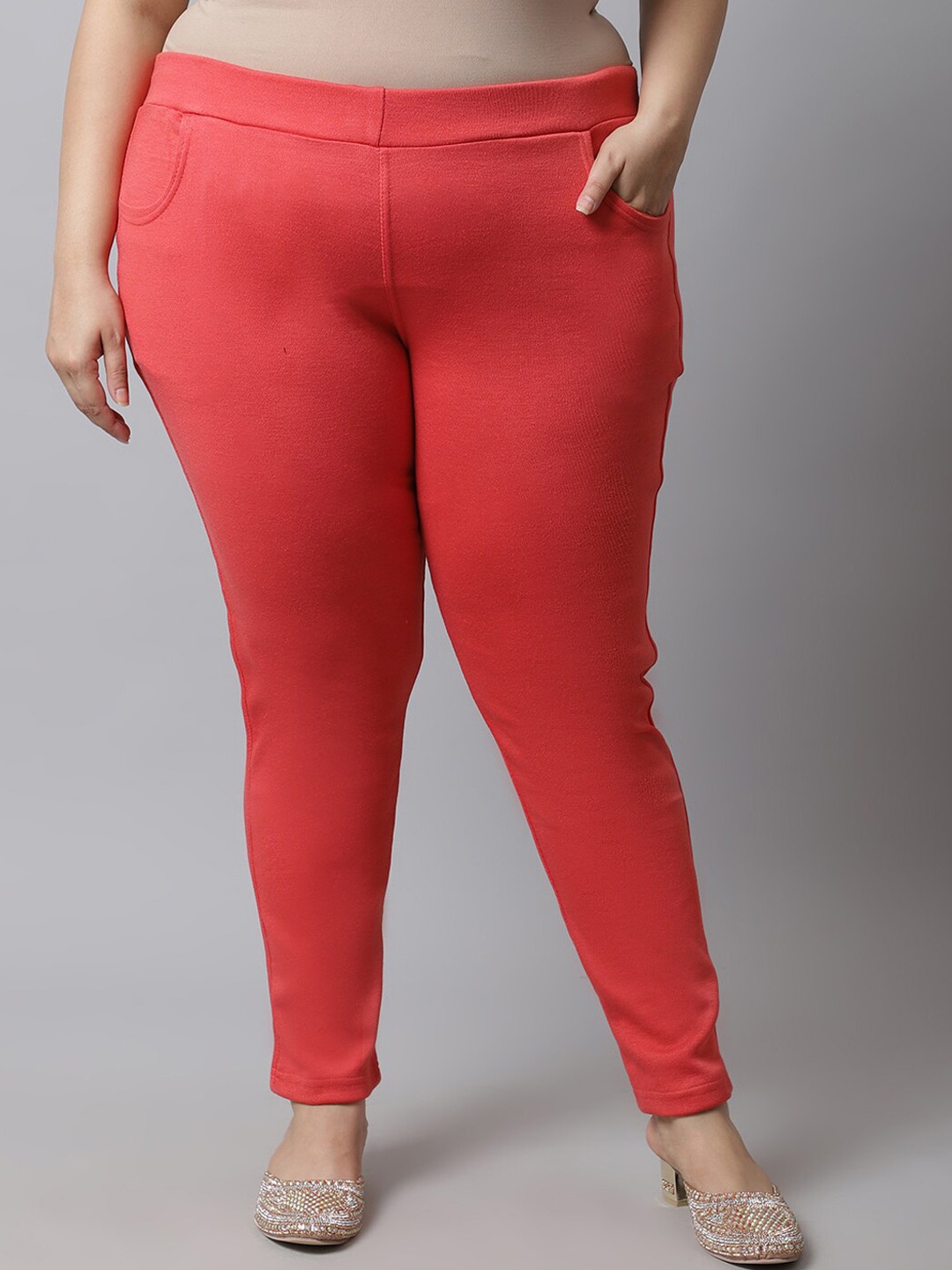 

TAG 7 Women Plus size Peach Colored Solid Ankle-Length Leggings