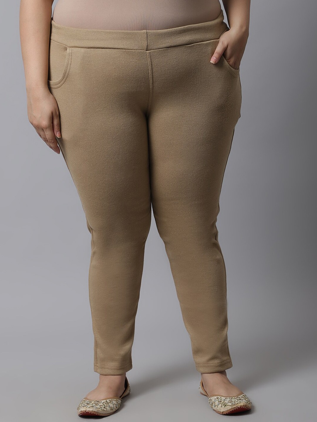 

TAG 7 Women Plus size Beige Solid Ankle-Length Leggings