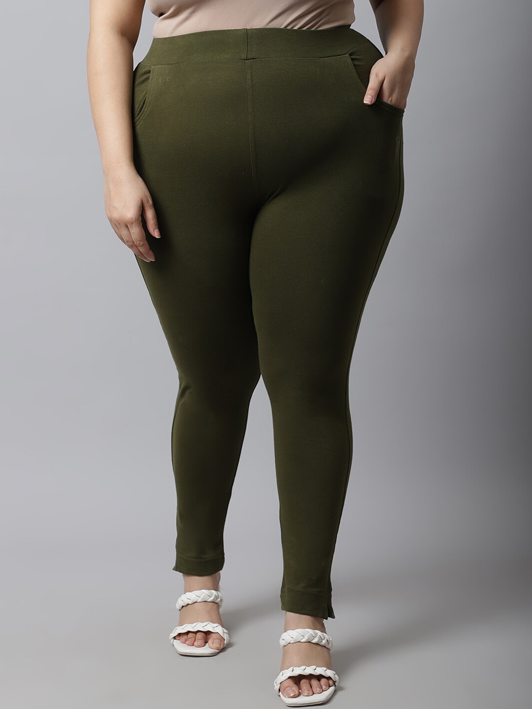 

TAG 7 Women Plus size Olive Solid Ankle Length Leggings