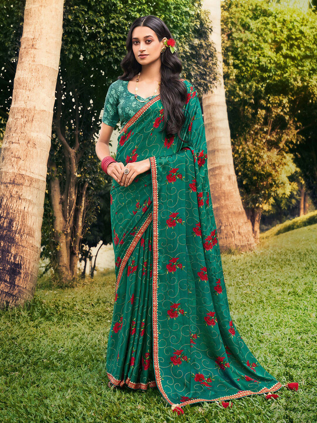 

Saree mall Sea Green Red Floral Poly Chiffon Sarees