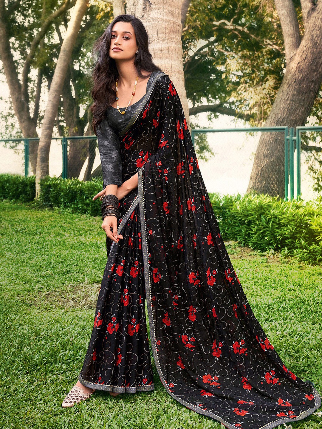

Saree mall Black & Red Floral Pure Chiffon Sarees