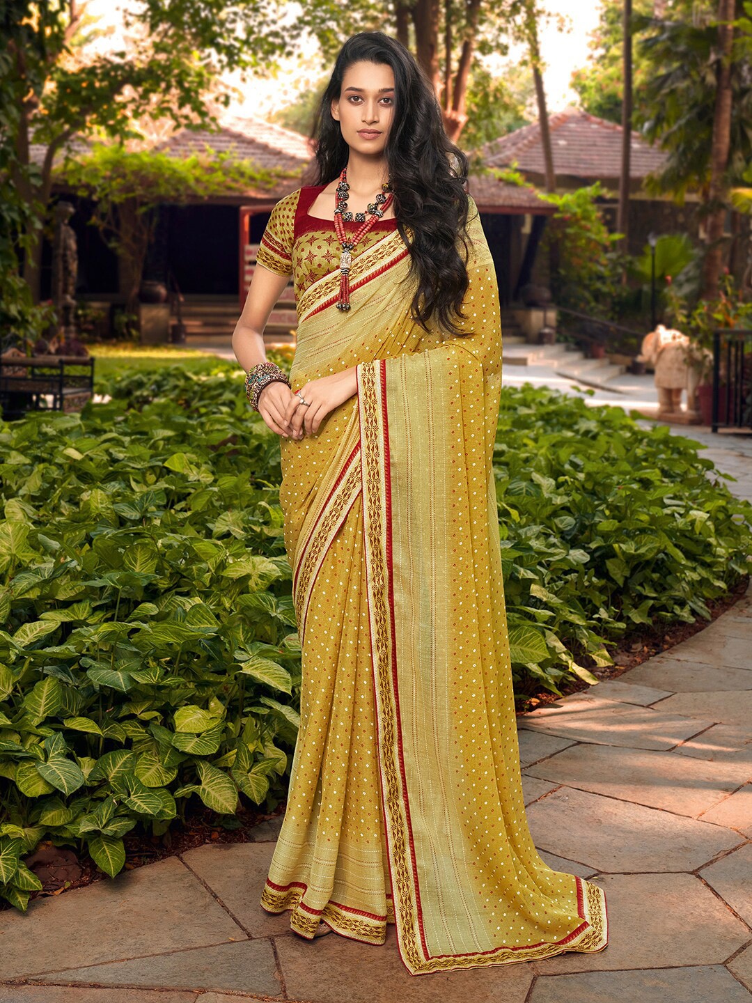 

Saree mall Olive Green & Red Bandhani Pure Chiffon Mangalagiri Sarees