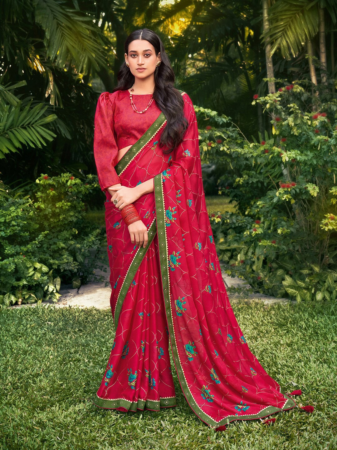 

Saree mall Pink Green Floral Embroidered Poly Chiffon Sarees