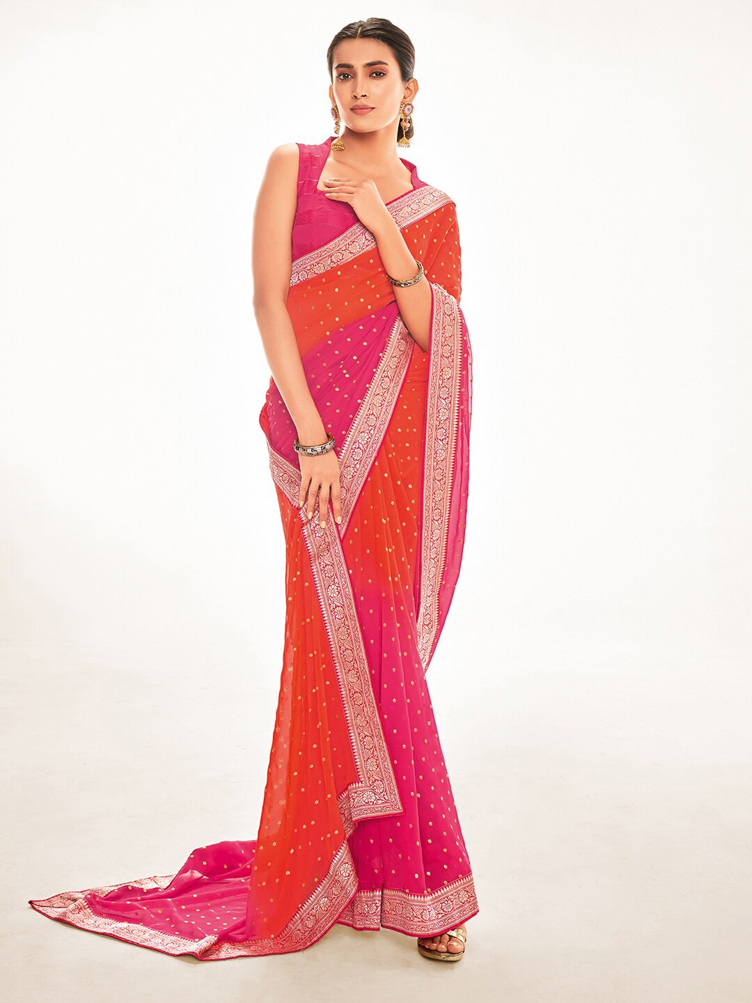 

Saree mall Orange & Pink Ethnic Motifs Zari Silk Blend Mangalagiri Sarees