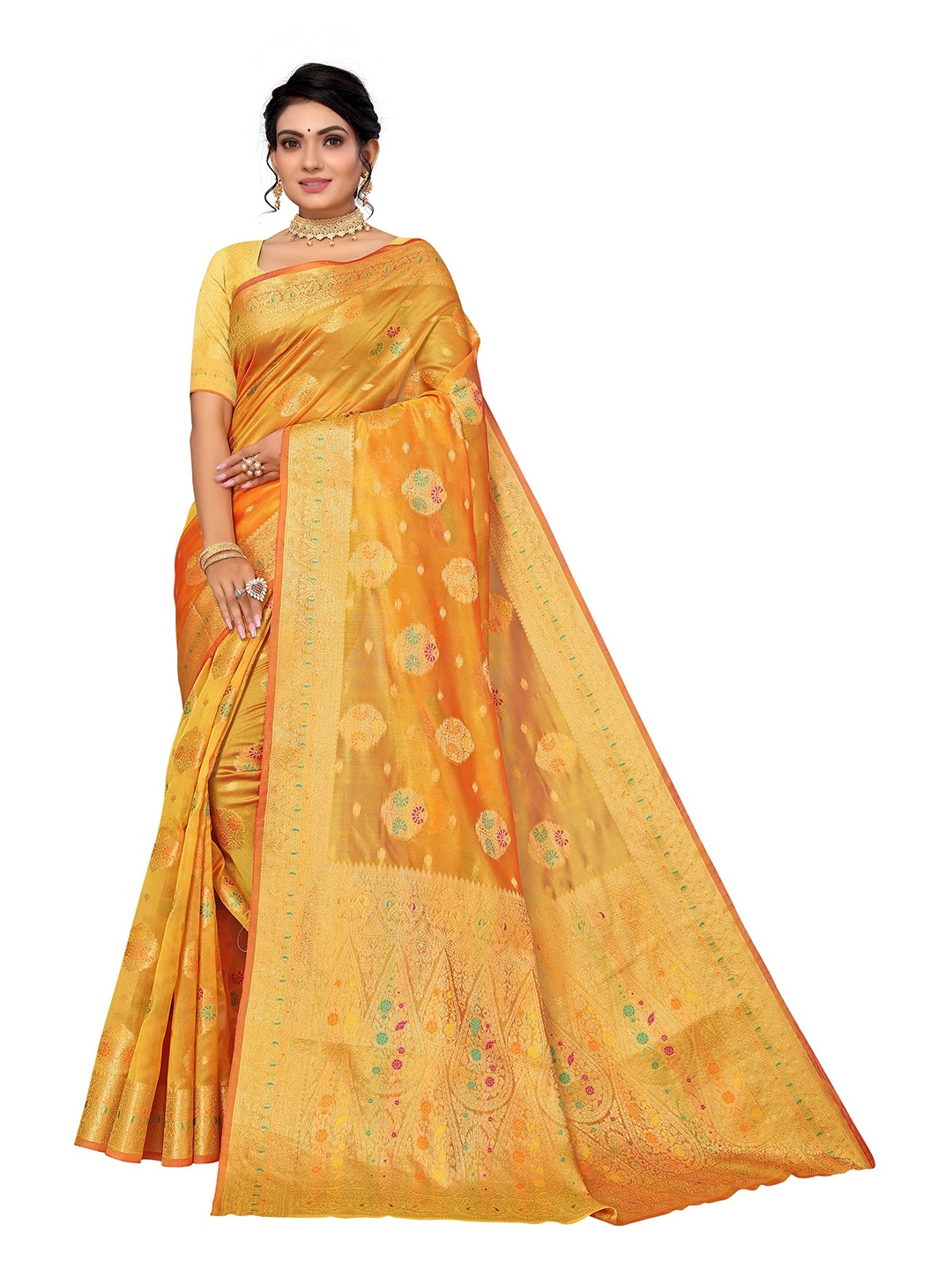 

Nimayaa Women Mustard & Gold-Toned Woven Design Zari Organza Saree