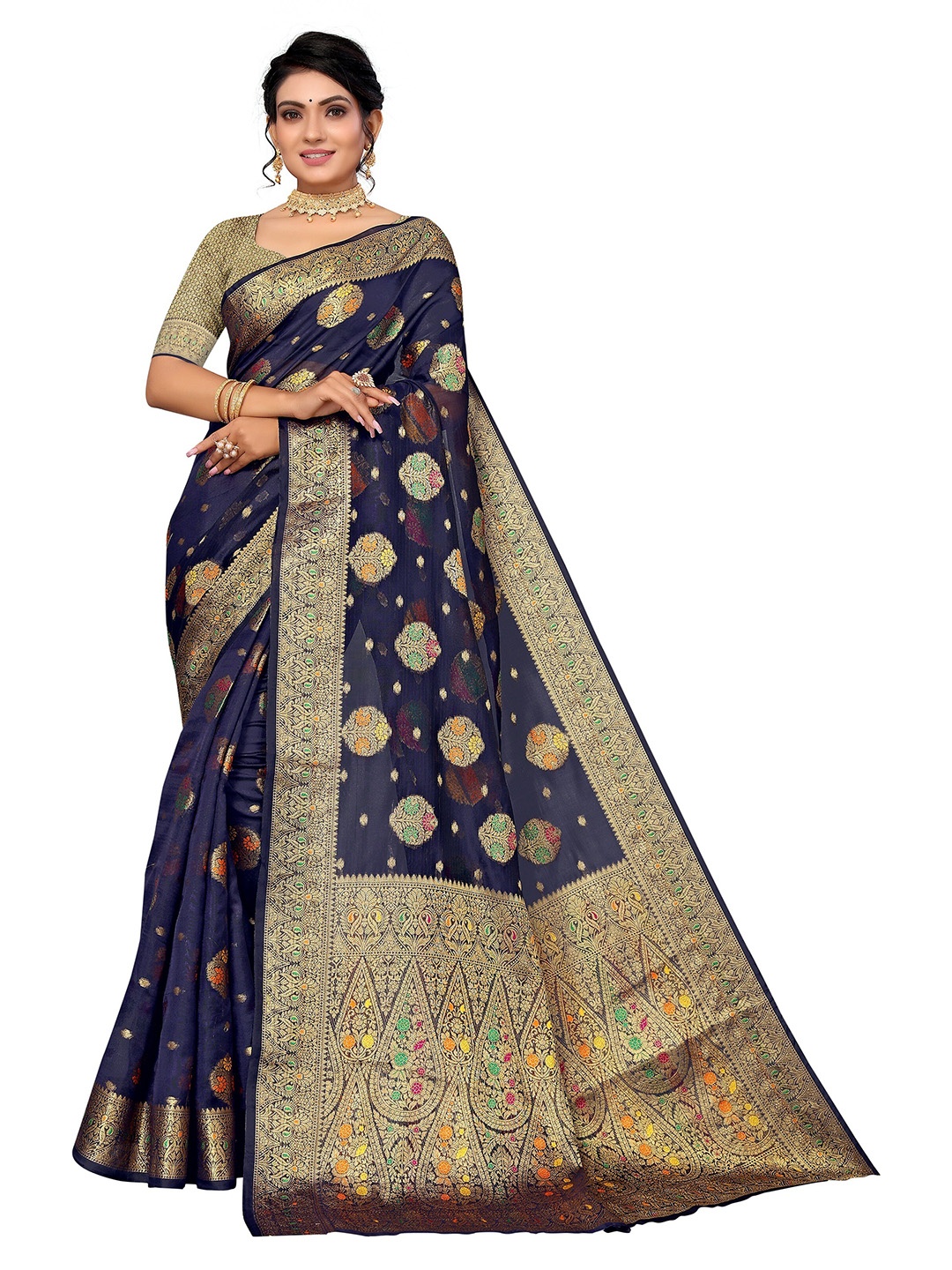 

Nimayaa Women Navy Blue & Gold-Toned Floral Zari Organza Saree