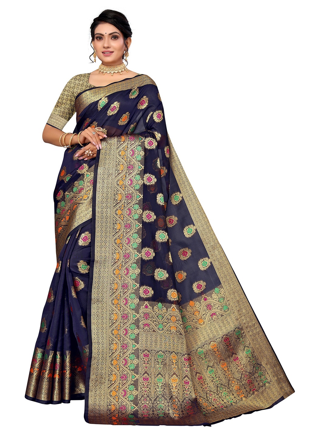 

Nimayaa Women Navy Blue & Gold-Toned Woven Design Zari Organza Saree