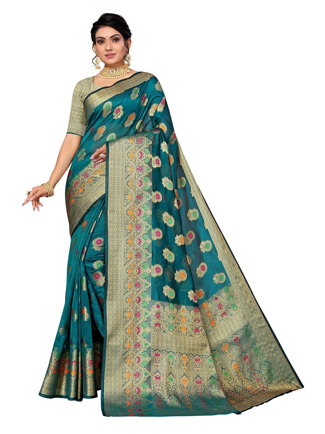 

Nimayaa Women Teal & Gold-Toned Woven Design Zari Organza Saree