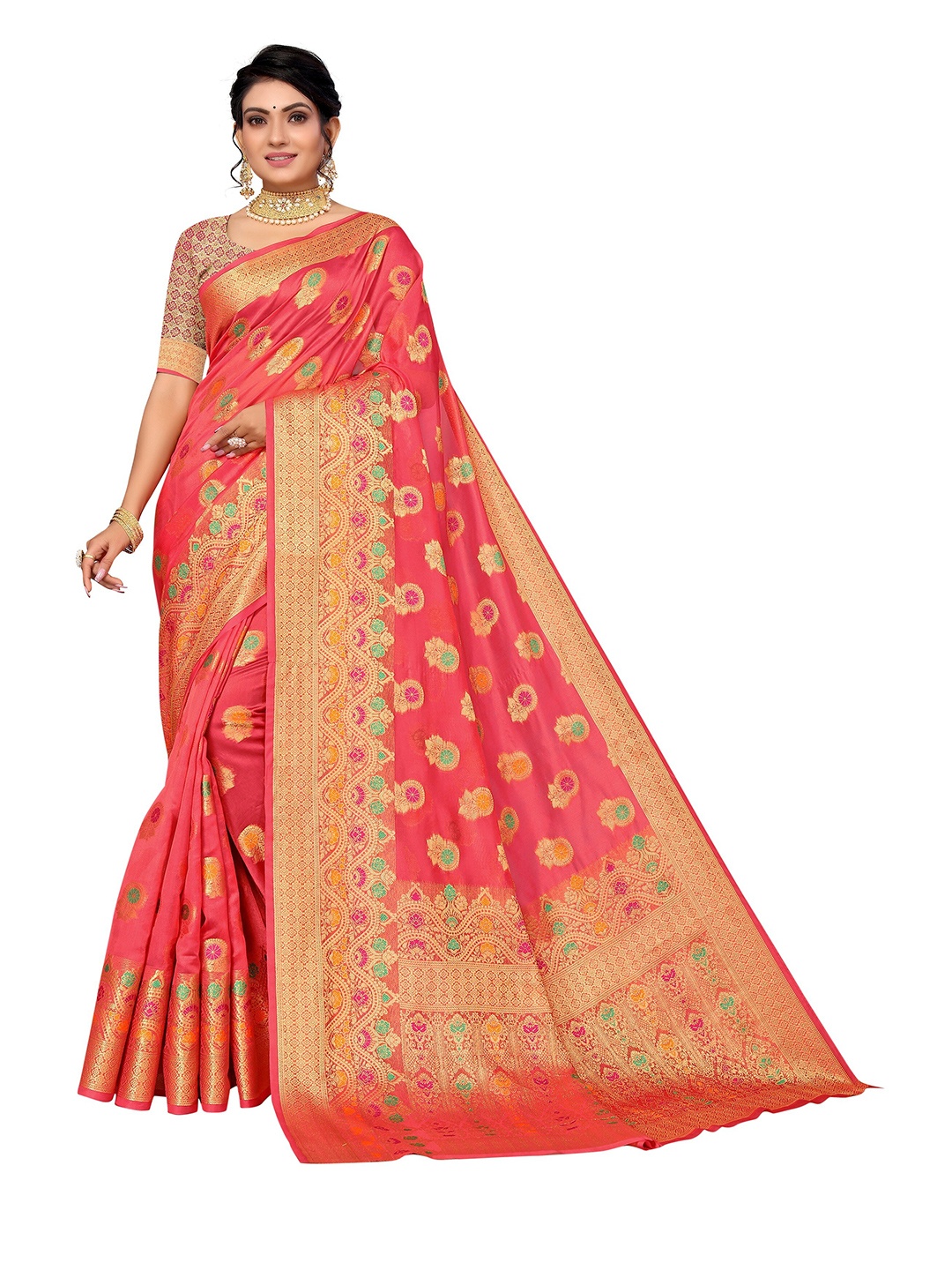 

Nimayaa Women Pink & Gold-Toned Floral Zari Organza Saree