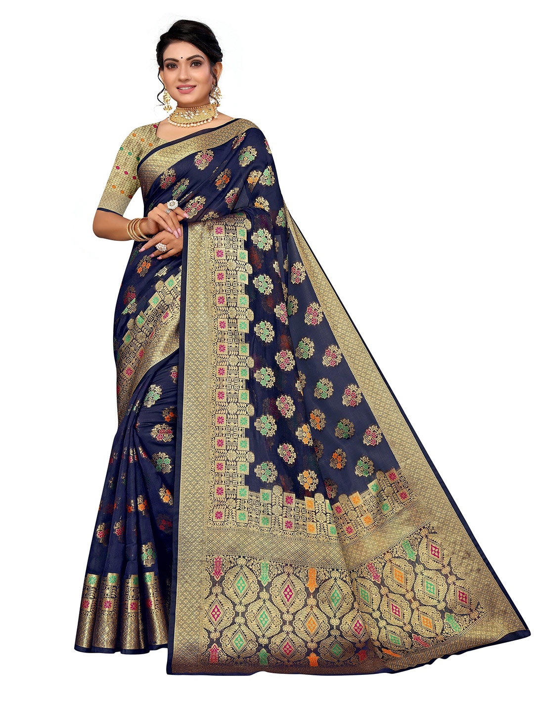 

Nimayaa Women Navy Blue & Gold-Toned Floral Zari Organza Saree