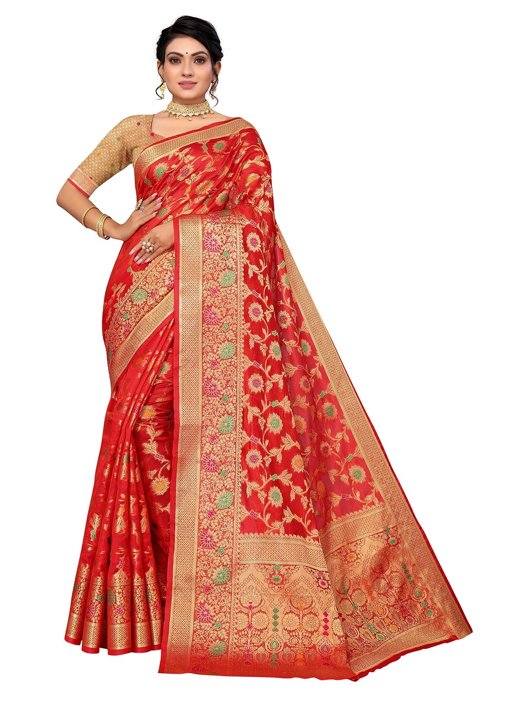 

Nimayaa Women Red & Gold-Toned Floral Zari Organza Saree