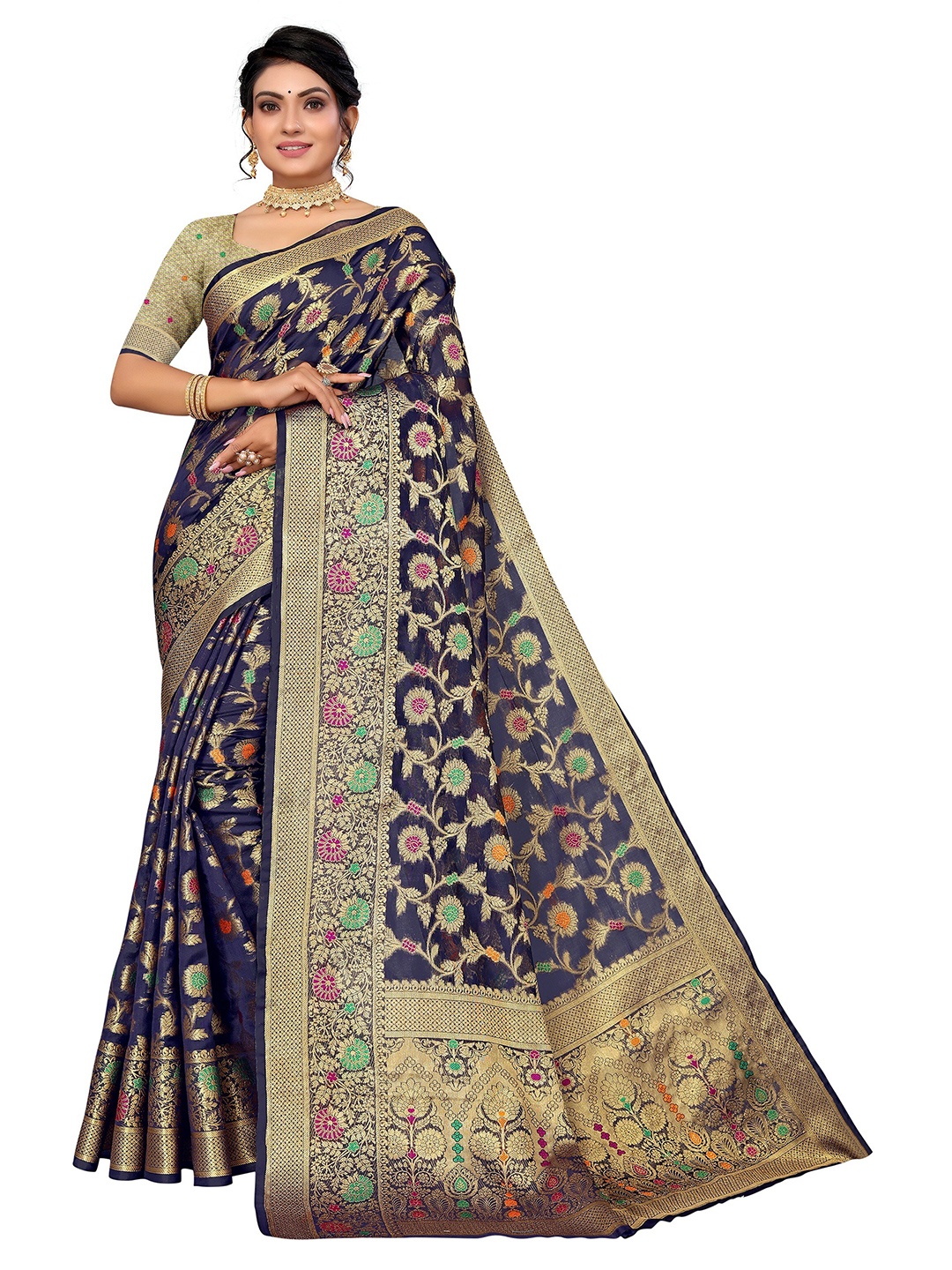 

Nimayaa Women Navy Blue & Gold-Toned Floral Zari Organza Saree