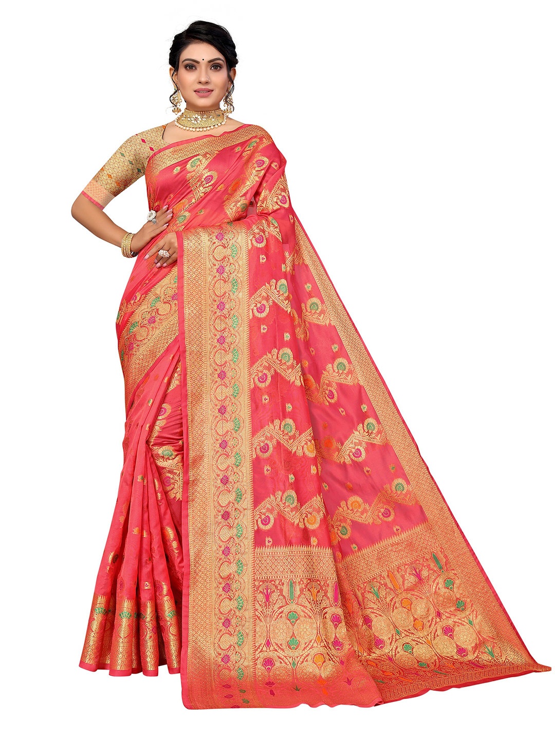 

Nimayaa Women Coral & Gold-Toned Floral Zari Organza Saree