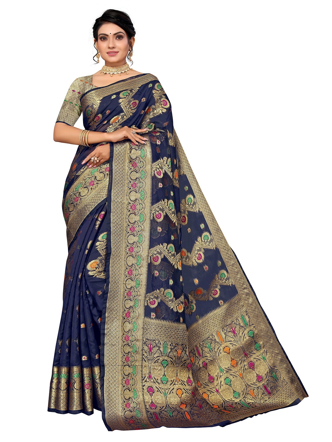 

Nimayaa Women Blue & Gold-Toned Floral Zari Organza Saree