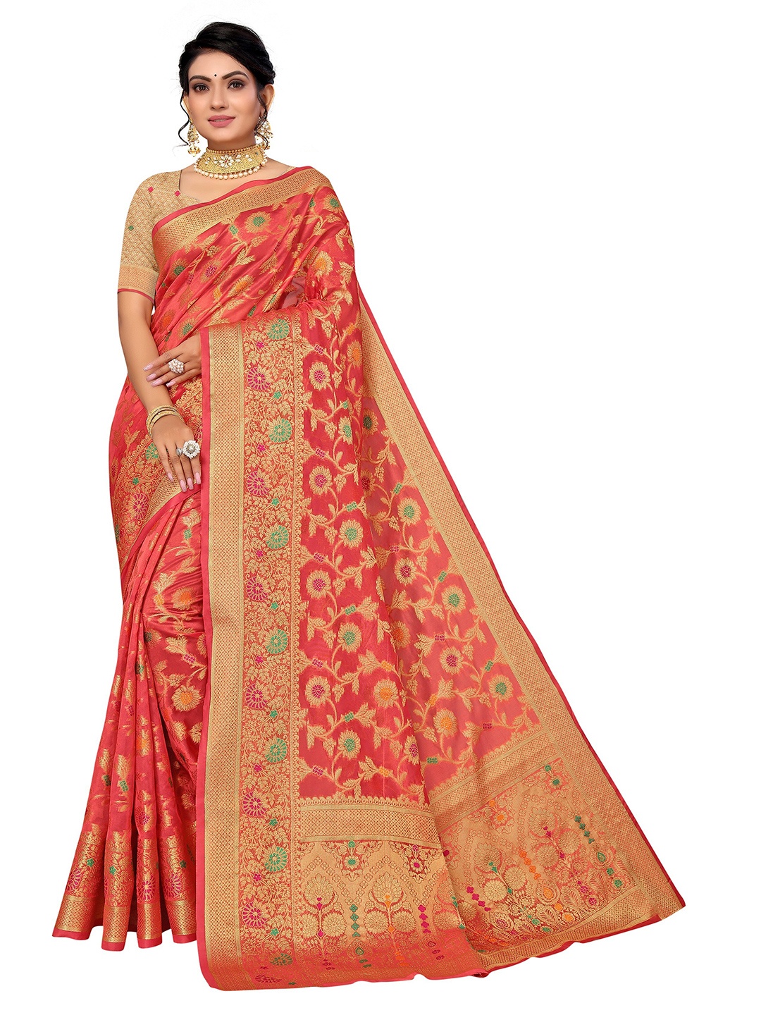 

Nimayaa Women Coral & Gold-Toned Floral Zari Organza Saree