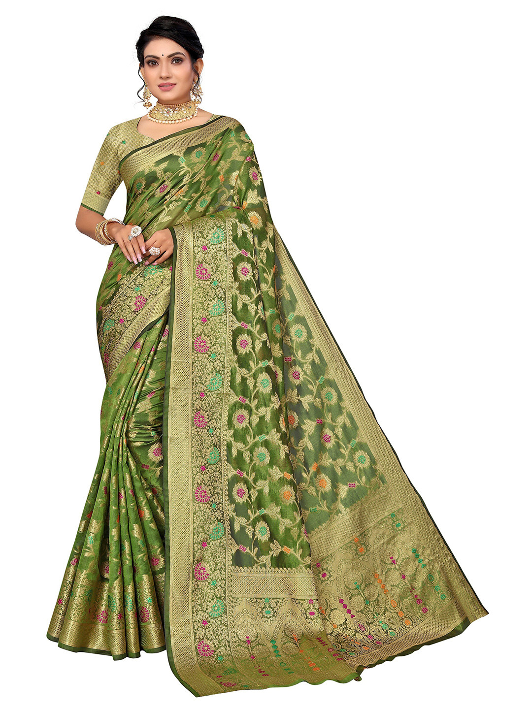 

Nimayaa Women Green & Pink Floral Zari Organza Saree