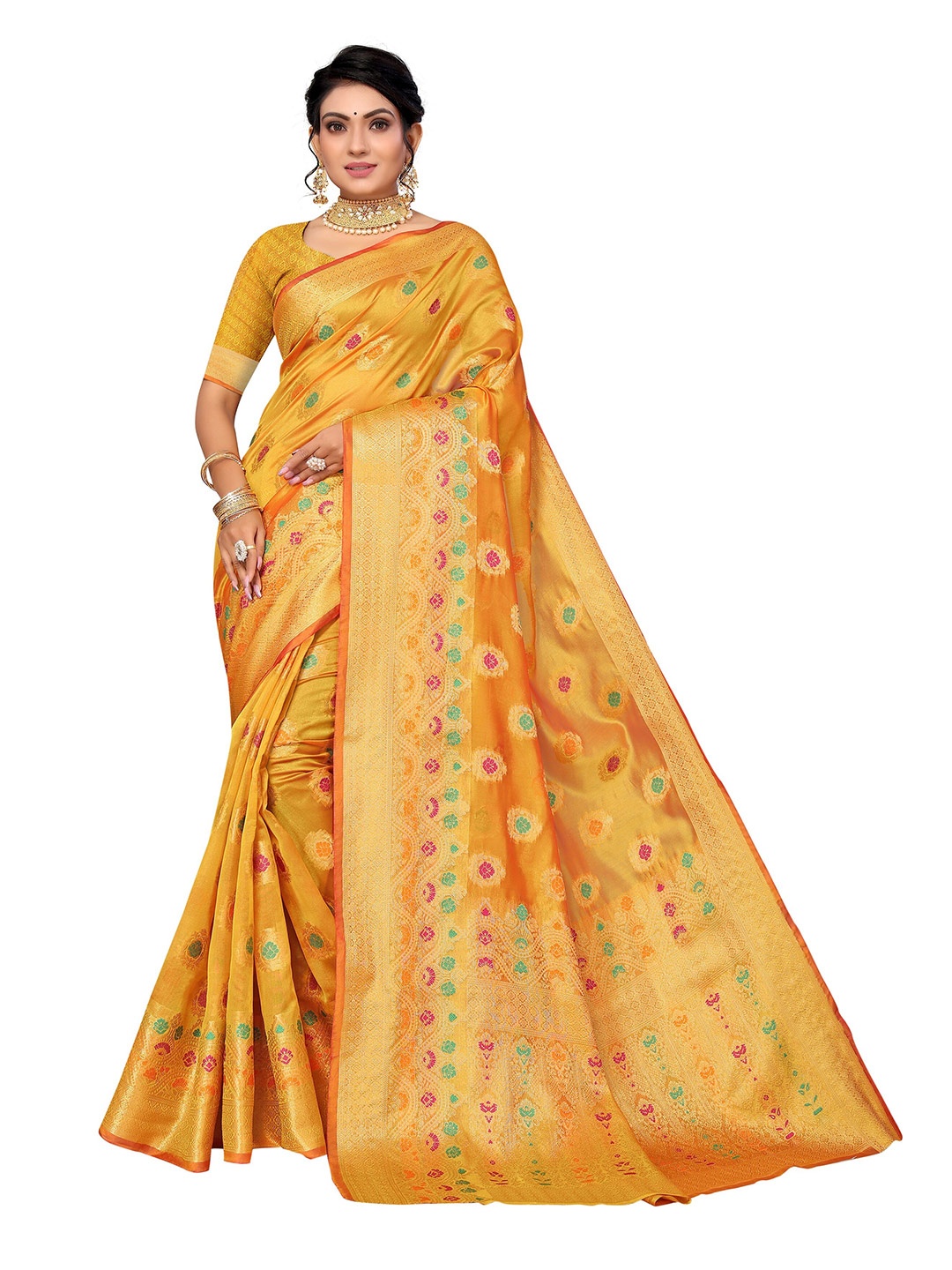 

Nimayaa Women Mustard & Gold-Toned Floral Zari Organza Saree