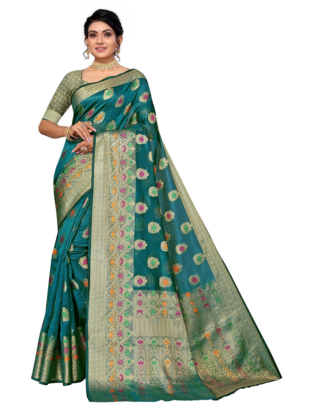 

Nimayaa Women Teal & Green Woven Design Zari Organza Saree