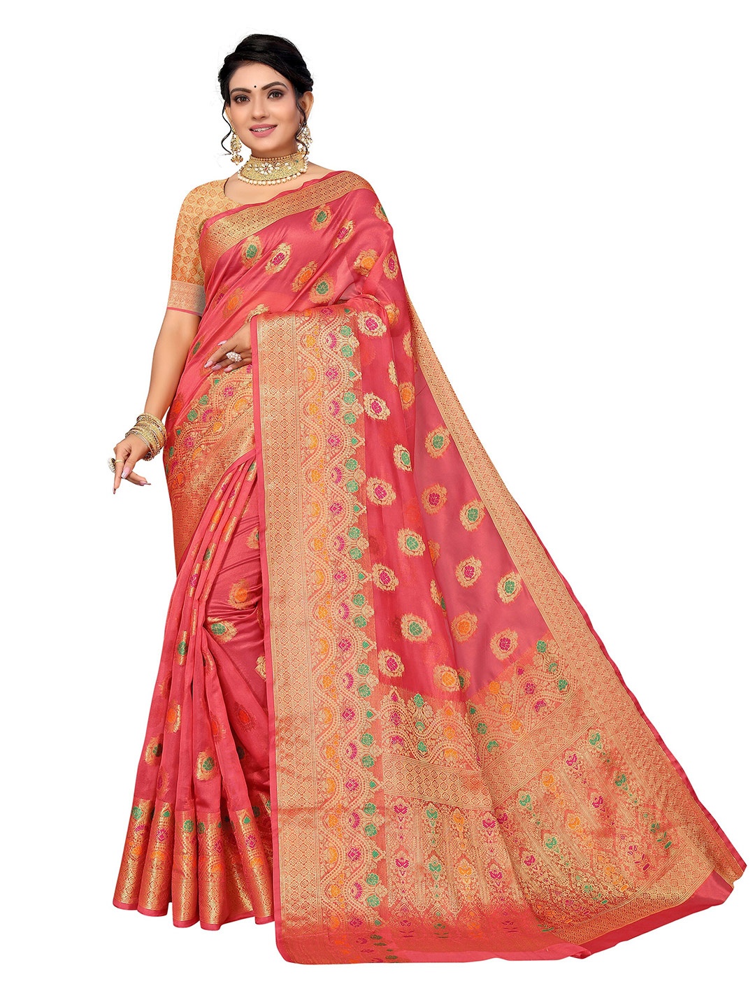 

Nimayaa Women Coral & Gold-Toned Floral Zari Organza Saree