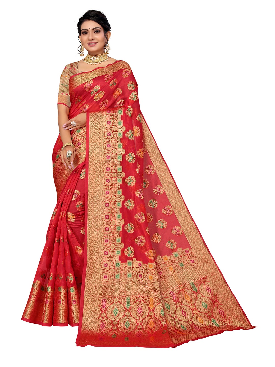 

Nimayaa Women Red & Gold-Toned Floral Zari Organza Saree